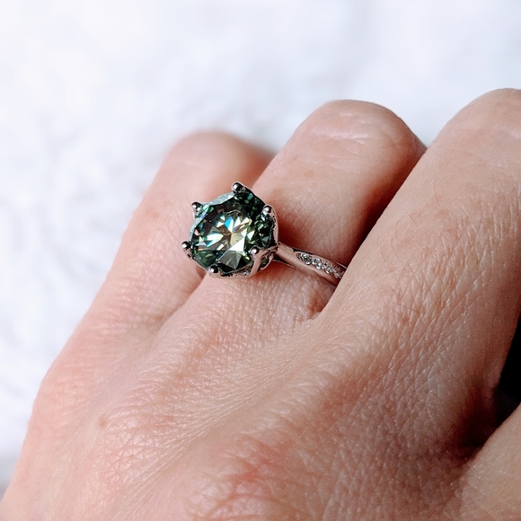 3CT Stunning Authentic Blue Green Moissanite Diamond Alternative Ring, Cathedral - Picture 12 of 13